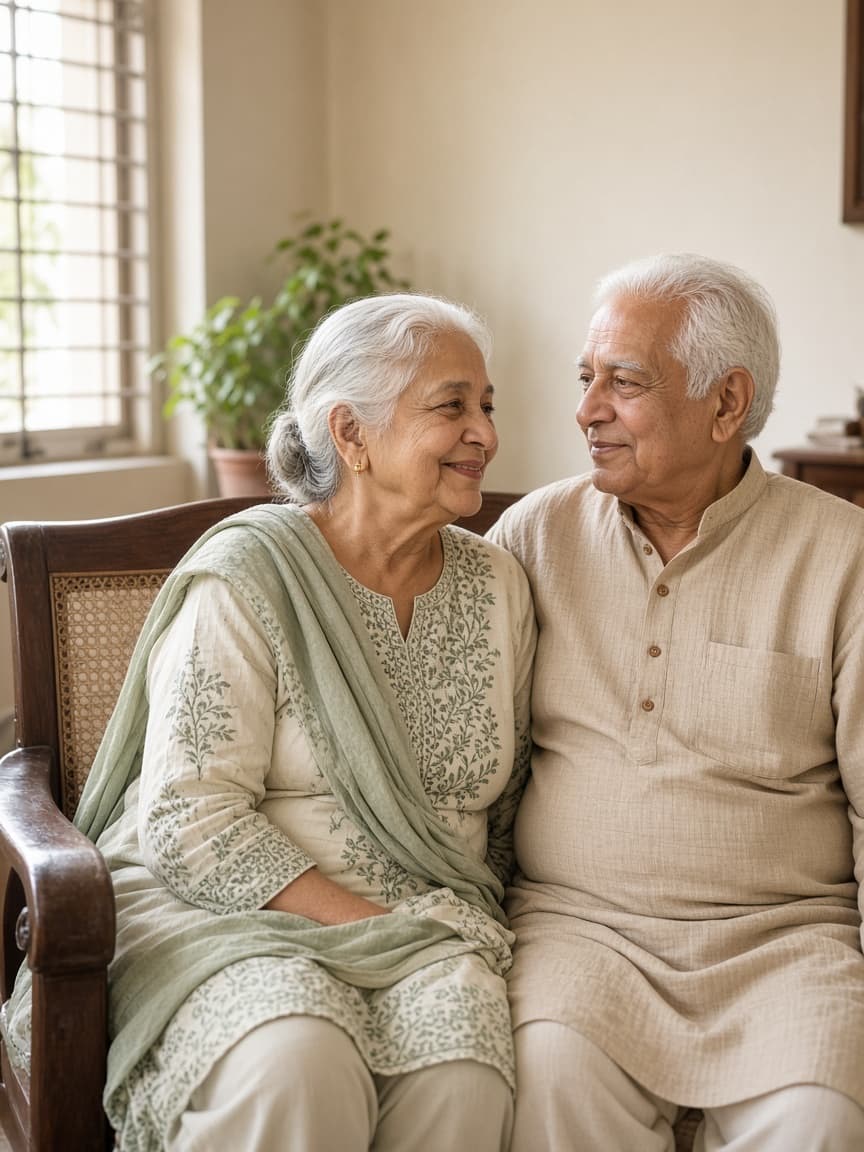 An elderly couple at home in India, sitting together in quiet companionship